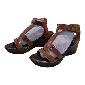 NAOT Flirt Ankle T-strap Platform Wedge Heels‎ Sandals Brown Leather Comfort